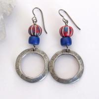 Silver Tone Pewter Earrings with Red White and Blue Carved Clay and Navy Blue Glass Beads - Patriotic USA Colors