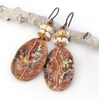 Rusty Brown Agate Earrings Wrapped in Copper Wire - Earthy Natural Stone Jewelry