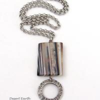 Black White Sardonyx Stone Necklace with Pewter Circle Hoop Dangle - Modern Gemstone Jewelry for Women