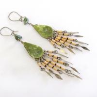 Long Bohemian Gypsy Fringe Dangle Earrings with Green Serpentine Stones - Vintage Boho Hippie Fashion Jewelry