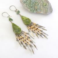 Long Bohemian Gypsy Fringe Dangle Earrings with Green Serpentine Stones - Vintage Boho Hippie Fashion Jewelry