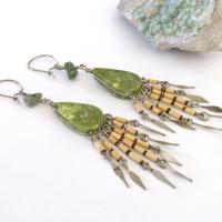 Long Bohemian Gypsy Fringe Dangle Earrings with Green Serpentine Stones - Vintage Boho Hippie Fashion Jewelry