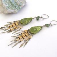 Long Bohemian Gypsy Fringe Dangle Earrings with Green Serpentine Stones - Vintage Boho Hippie Fashion Jewelry
