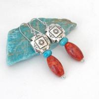 Southwest Silver Tribal Cross Earrings with Turquoise & Red Coral - Native Style Southwestern Jewelry