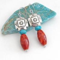 These colorful artisan handmade earrings feature silver-plated native style southwestern cross beads accented with turquoise and fossilized red coral. Lightweight and fun to wear, they'll add a touch of southwestern charm to your wardrobe. Makes a great gift for women that love the Santa Fe southwest style. 