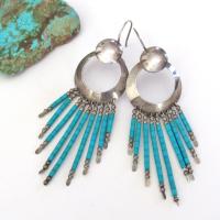 Southwestern Sterling Silver & Turquoise Earrings with Long Fringe Dangles - Vintage Southwest Jewelry