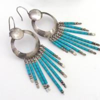 Southwestern Sterling Silver & Turquoise Earrings with Long Fringe Dangles - Vintage Southwest Jewelry