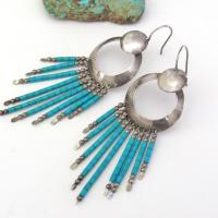 Southwestern Sterling Silver & Turquoise Earrings with Long Fringe Dangles - Vintage Southwest Jewelry