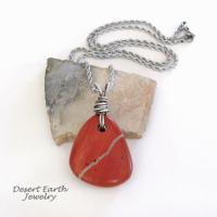 Red Jasper Pendant Necklace Wrapped in Sterling Silver - Earthy Natural Gemstone Jewelry