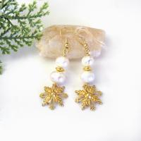 White Pearl and Gold Brass Snowflake Dangle Earrings - Elegant Modern Classic Chic Jewelry Gifts for Women