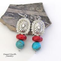 Southwest Concho Earrings with Turquoise & Red Coral - Handmade Boho Southwestern Style Jewelry