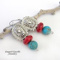 Southwest Concho Earrings with Turquoise & Red Coral - Handmade Boho Southwestern Style Jewelry