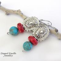 Southwest Concho Earrings with Turquoise & Red Coral - Handmade Boho Southwestern Style Jewelry