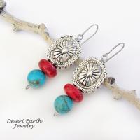 Southwest Concho Earrings with Turquoise & Red Coral - Handmade Boho Southwestern Style Jewelry