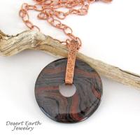 Tiger Iron Gemstone Pendant on Copper Chain Necklace - Rustic Earthy Natural Stone Jewelry for Men or Women