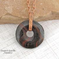 Tiger Iron Gemstone Pendant on Copper Chain Necklace - Rustic Earthy Natural Stone Jewelry for Men or Women