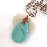 Wire Wrapped Turquoise Magnesite Stone Pendant on Copper Chain Necklace - Artisan Handmade Boho Chic Earthy Stone Jewelry