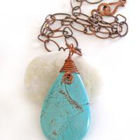 Wire Wrapped Turquoise Magnesite Stone Pendant on Copper Chain Necklace - Artisan Handmade Boho Chic Earthy Stone Jewelry