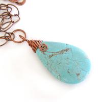 Wire Wrapped Turquoise Magnesite Stone Pendant on Copper Chain Necklace - Artisan Handmade Boho Chic Earthy Stone Jewelry