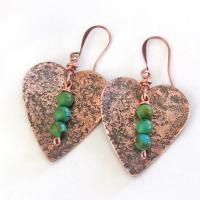 Rustic Copper Heart Earrings with Dangling Turquoise Stones