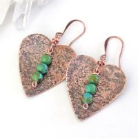 Rustic Copper Heart Earrings with Dangling Turquoise Stones