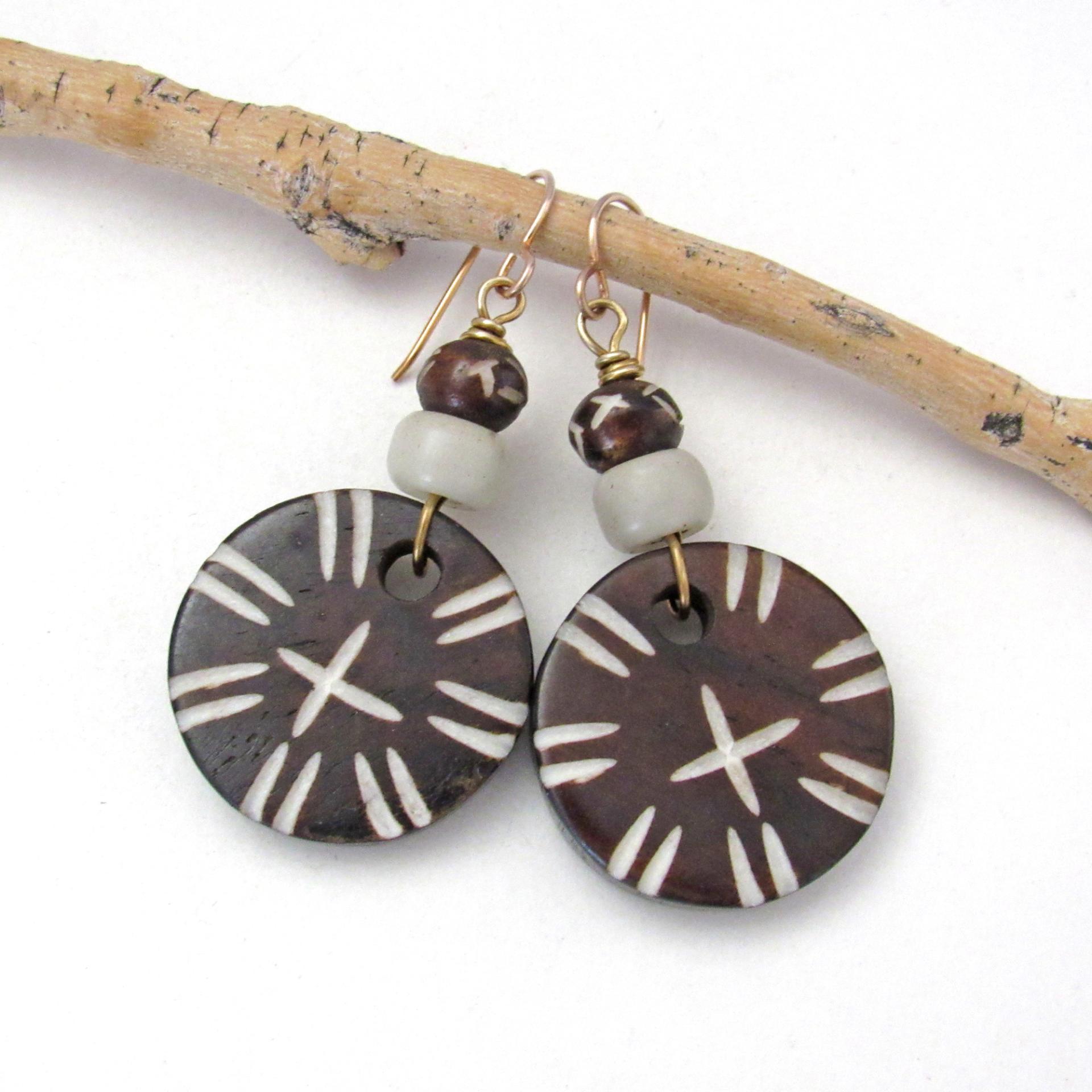 Round African Batik Carved Bone Earrings - Boho Ethnic Tribal Afrocentric Style Handmade Jewelry