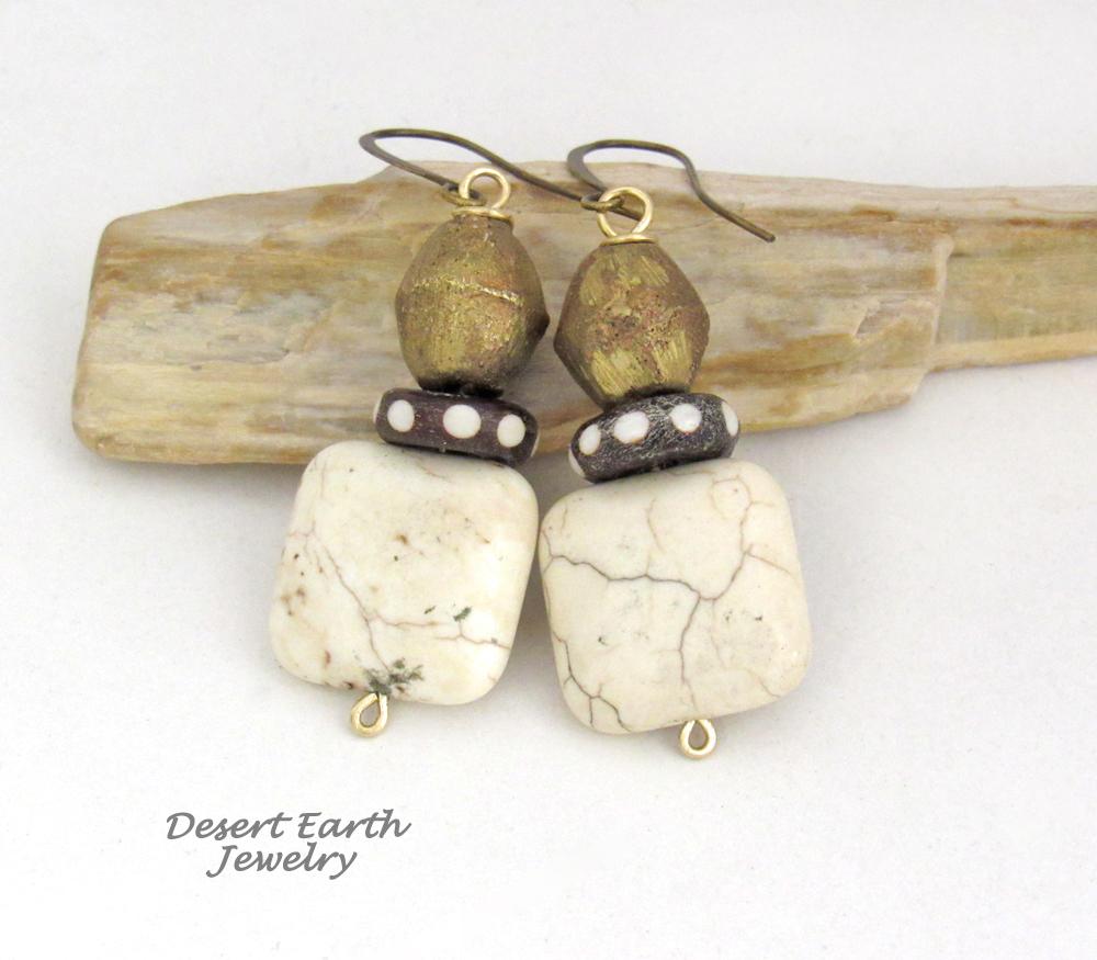African Brass Tribal Earrings with Batik Bone Beads and Magnesite Stones - Bohemian Ethnic Afrocentric Style Jewelry