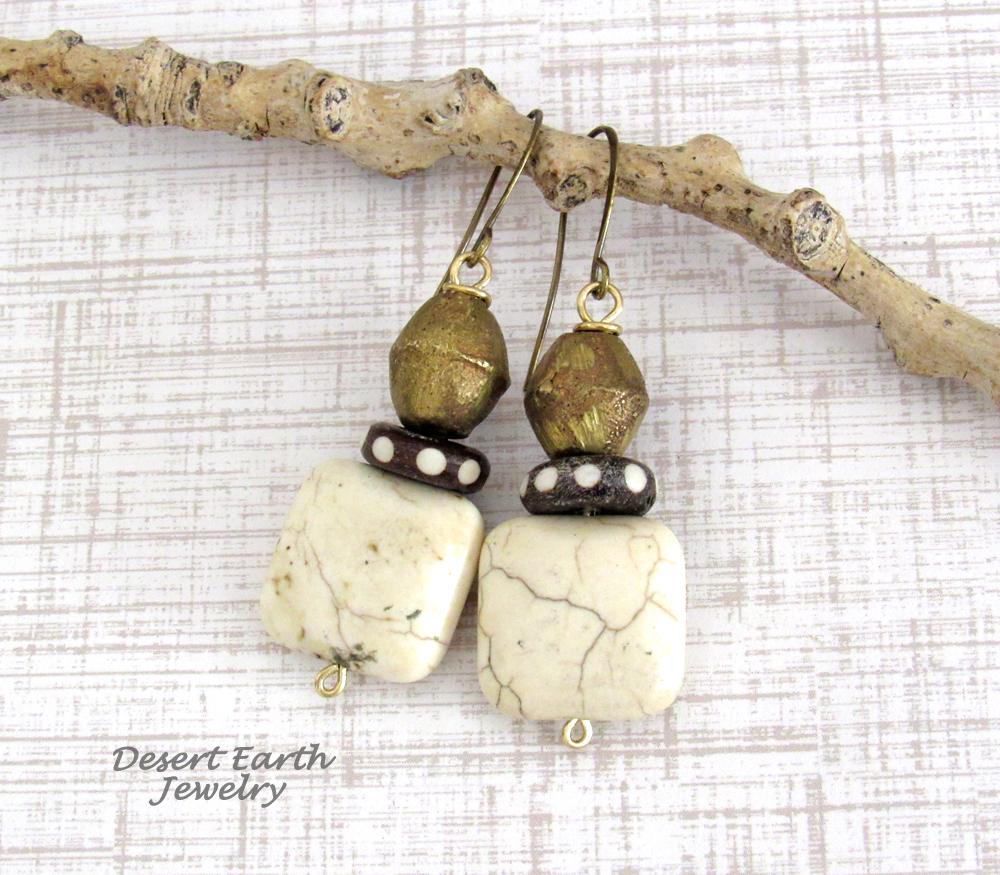African Brass Tribal Earrings with Batik Bone Beads and Magnesite Stones - Bohemian Ethnic Afrocentric Style Jewelry