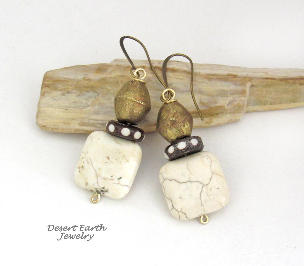 African Brass Tribal Earrings with Batik Bone Beads and Magnesite Stones - Bohemian Ethnic Afrocentric Style Jewelry