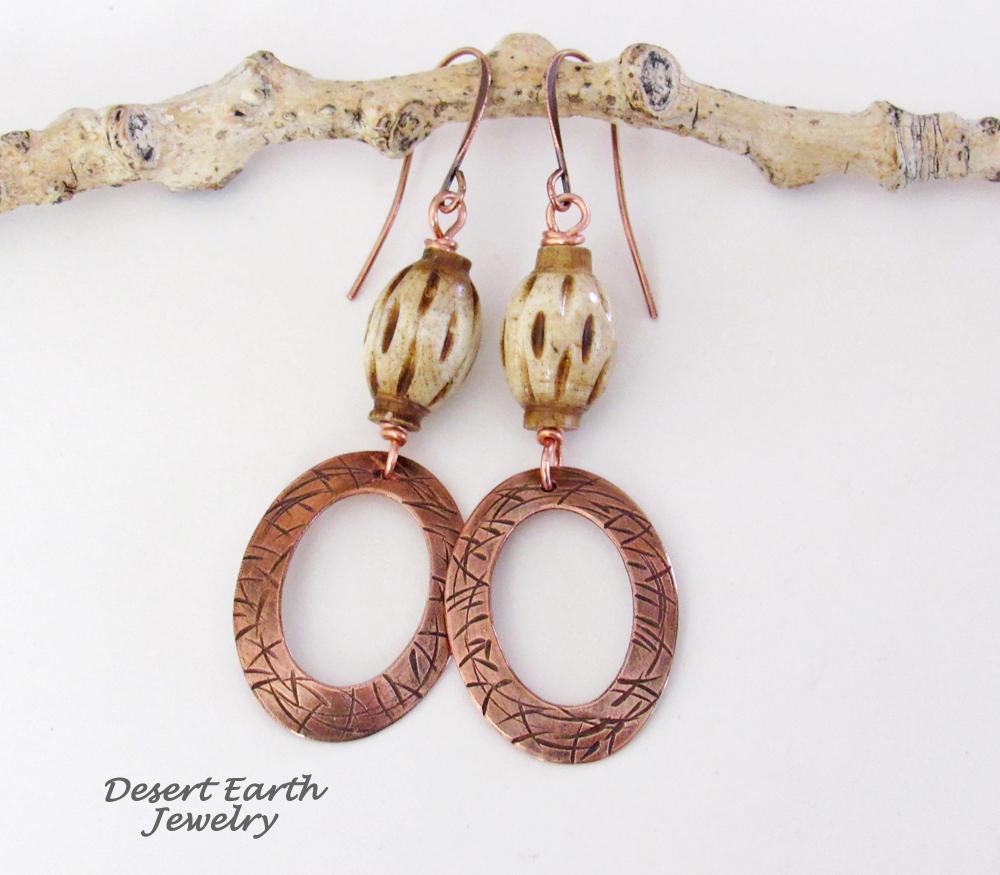 Boho Copper Dangle Earrings wtih African Carved Bone Beads - Bohemian Ethnic Tribal Style Jewelry