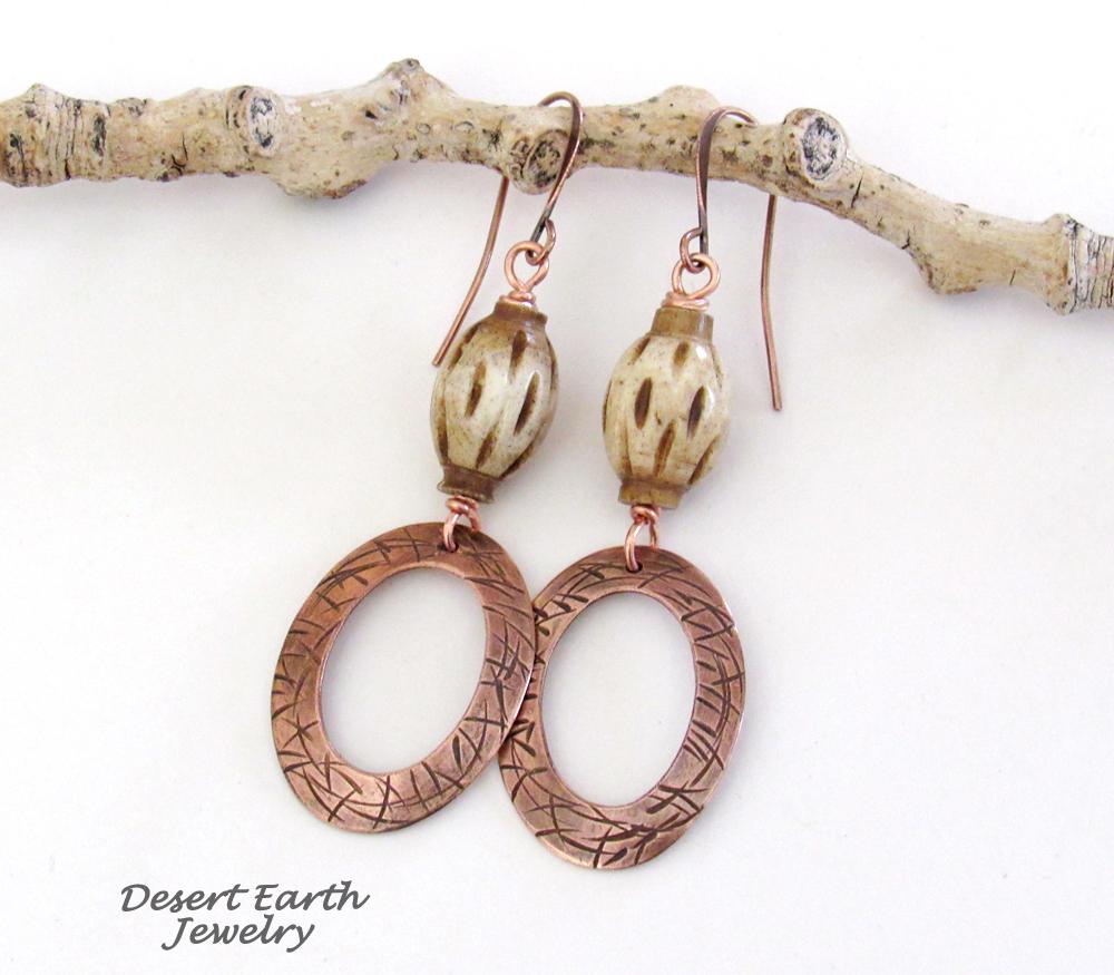 Boho Copper Dangle Earrings wtih African Carved Bone Beads - Bohemian Ethnic Tribal Style Jewelry