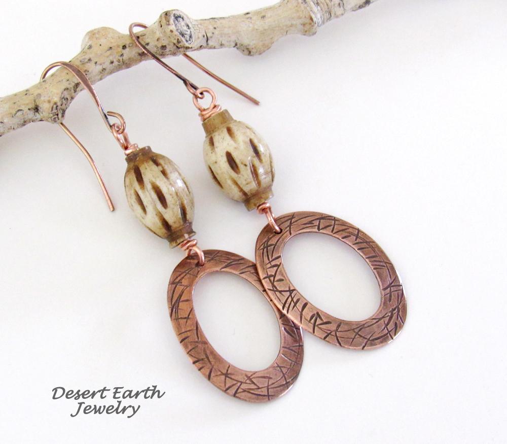 Boho Copper Dangle Earrings wtih African Carved Bone Beads - Bohemian Ethnic Tribal Style Jewelry