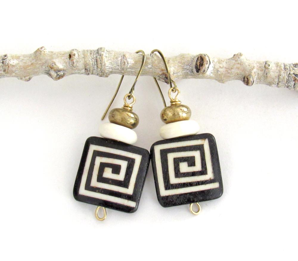 African Batik Bone Earrings with Greek Key Pattern - Bohemian Boho Ethnic Tribal Afrocentric Style Handmade Fashion Jewelry