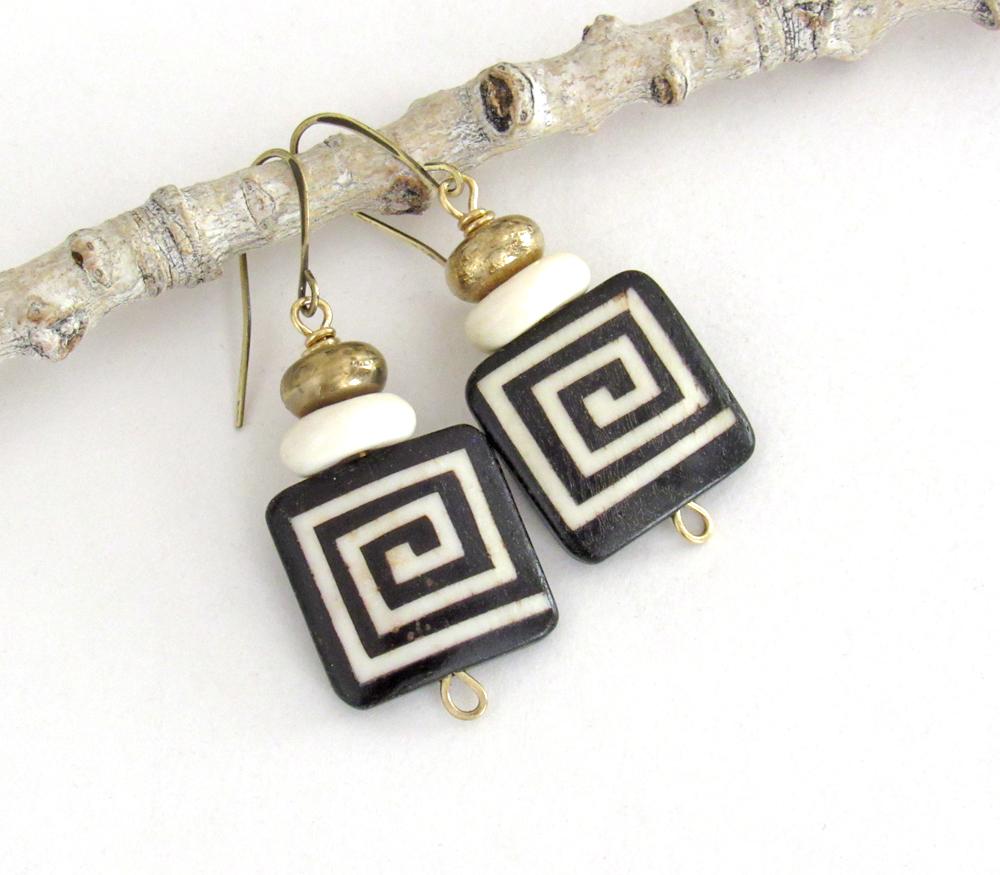 African Batik Bone Earrings with Greek Key Pattern - Bohemian Boho Ethnic Tribal Afrocentric Style Handmade Fashion Jewelry