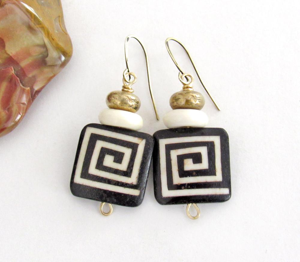 African Batik Bone Earrings with Greek Key Pattern - Bohemian Boho Ethnic Tribal Afrocentric Style Handmade Fashion Jewelry