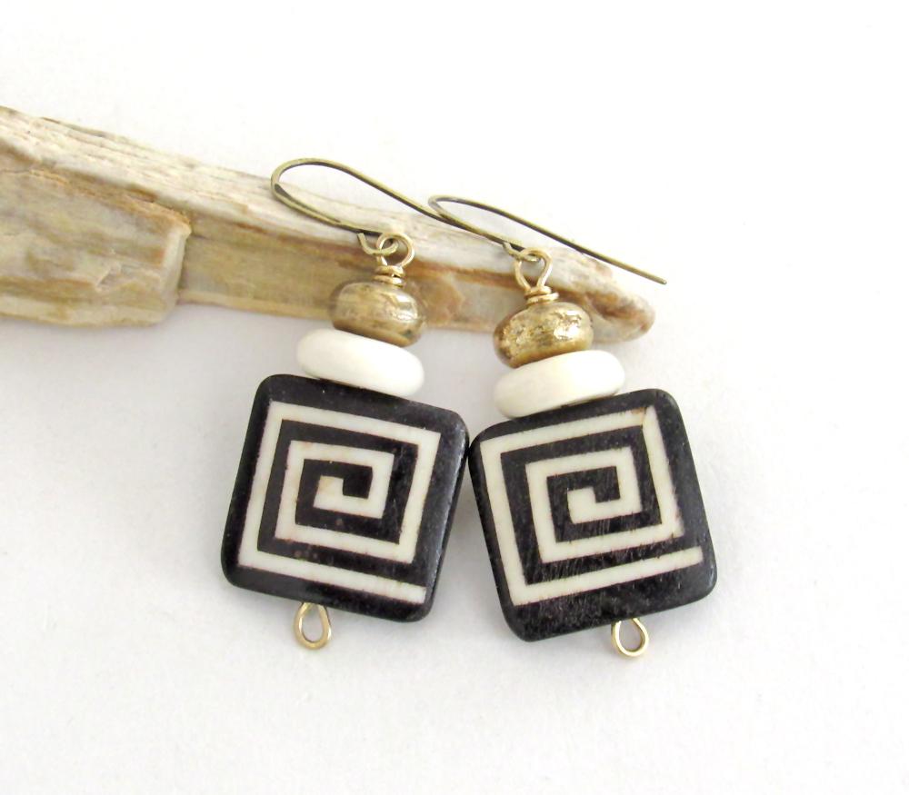 African Batik Bone Earrings with Greek Key Pattern - Bohemian Boho Ethnic Tribal Afrocentric Style Handmade Fashion Jewelry