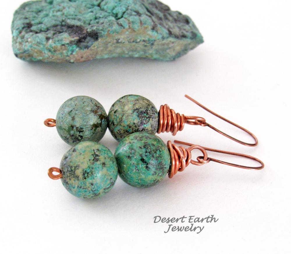 African Turquoise Jasper Stone Earrings Wire Wrapped in Copper - Natural Earthy Boho Style Gemstone Jewelry 