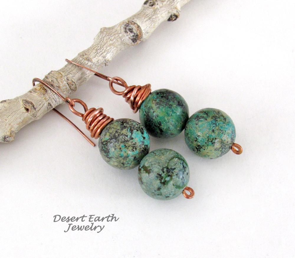 African Turquoise Jasper Stone Earrings Wire Wrapped in Copper - Natural Earthy Boho Style Gemstone Jewelry 