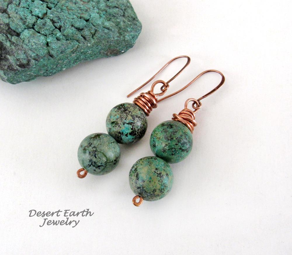 African Turquoise Jasper Stone Earrings Wire Wrapped in Copper - Natural Earthy Boho Style Gemstone Jewelry 