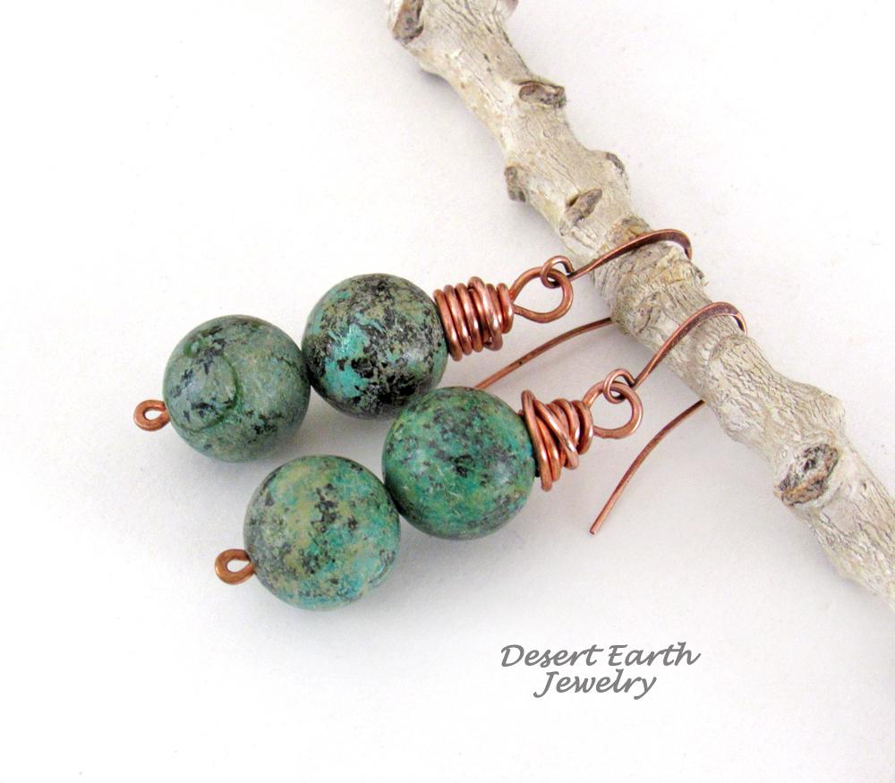 African Turquoise Jasper Stone Earrings Wire Wrapped in Copper - Natural Earthy Boho Style Gemstone Jewelry 