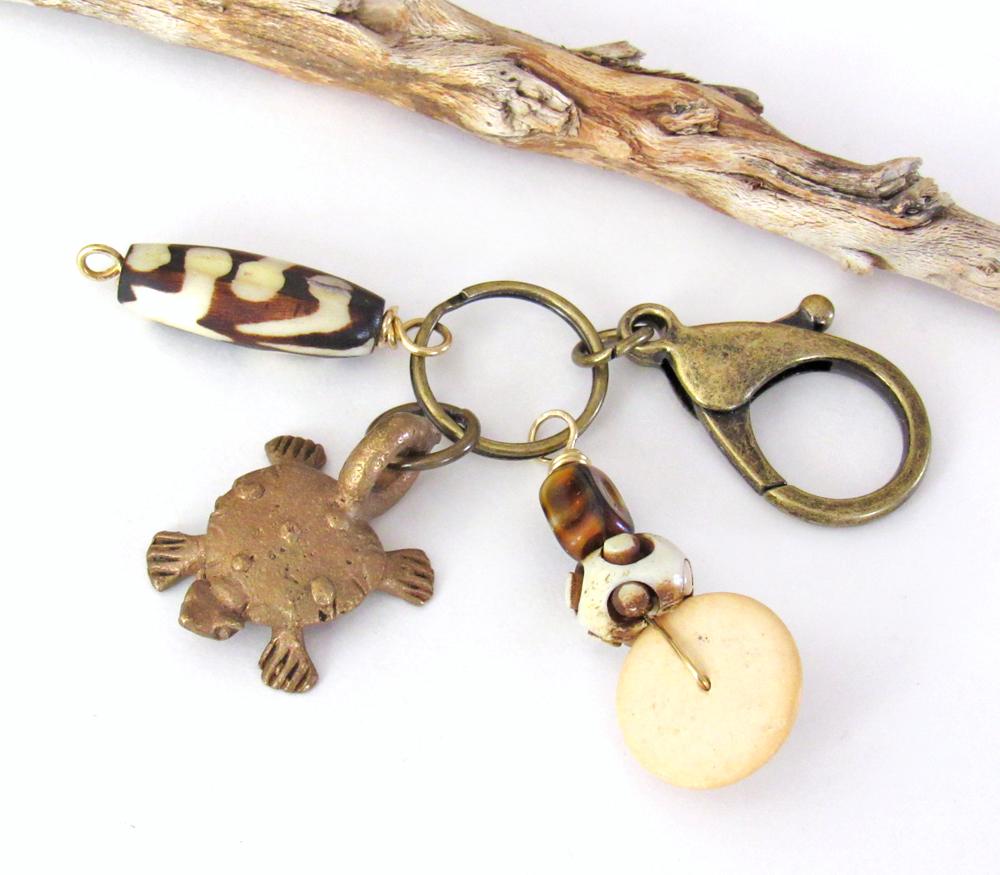 Tribal Purse Charm / Keychain with Vintage African Brass Turtle & Batik Bone Beads