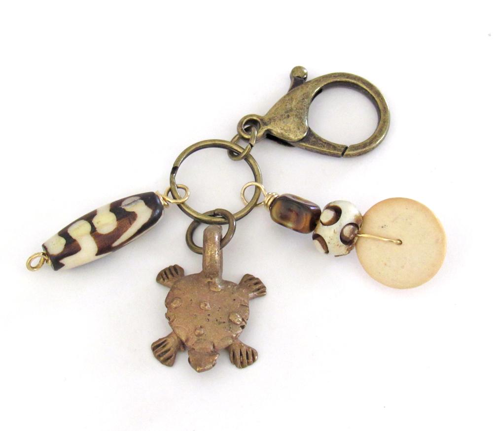 Tribal Purse Charm / Keychain with Vintage African Brass Turtle & Batik Bone Beads