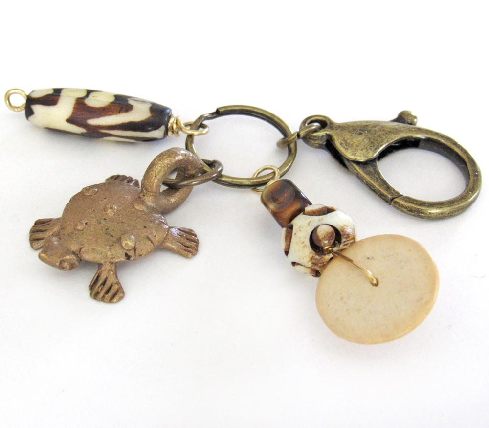 Tribal Purse Charm / Keychain with Vintage African Brass Turtle & Batik Bone Beads