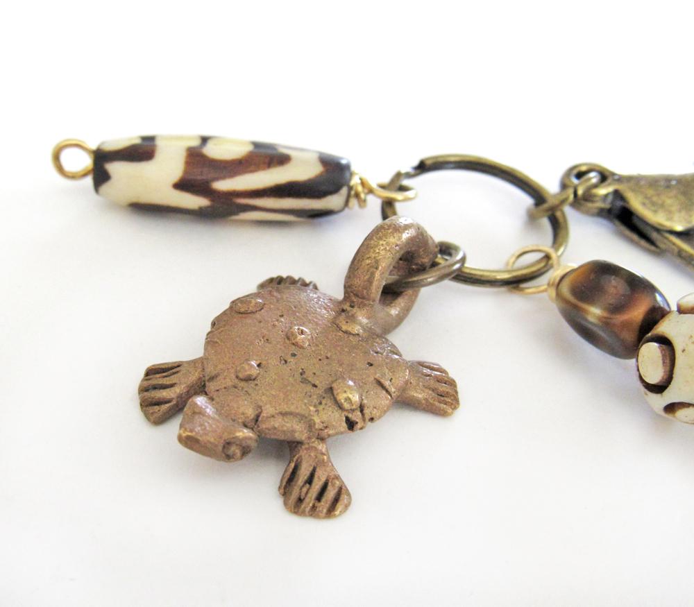 Tribal Purse Charm / Keychain with Vintage African Brass Turtle & Batik Bone Beads