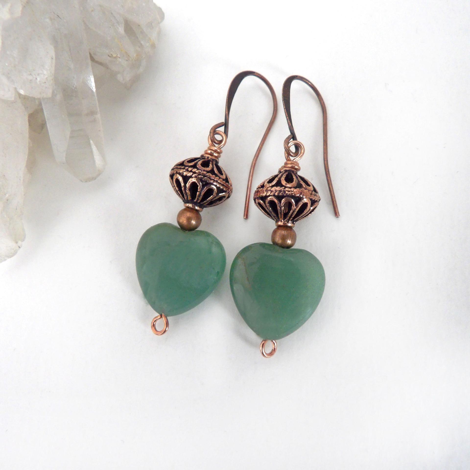 Small and petite, yet full of dainty romantic charm - these handmade earrings feature green aventurine gemstones accented with solid copper filigree beads and tiny copper beads. They'll make the perfect gift for someone special - a wonderful way to say "I love you" on Valentine's Day or any day! Makes a great gift for couples celebrating their 7th wedding anniversary - copper is the traditional choice for this occasion. Earrings are lightweight and comfortable to wear. Handmade in the USA by Desert Earth Je