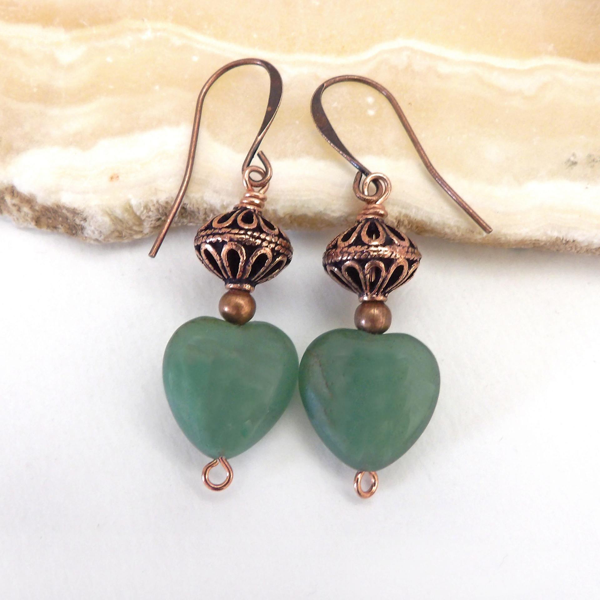 Small and petite, yet full of dainty romantic charm - these handmade earrings feature green aventurine gemstones accented with solid copper filigree beads and tiny copper beads. They'll make the perfect gift for someone special - a wonderful way to say "I love you" on Valentine's Day or any day! Makes a great gift for couples celebrating their 7th wedding anniversary - copper is the traditional choice for this occasion. Earrings are lightweight and comfortable to wear. Handmade in the USA by Desert Earth Je