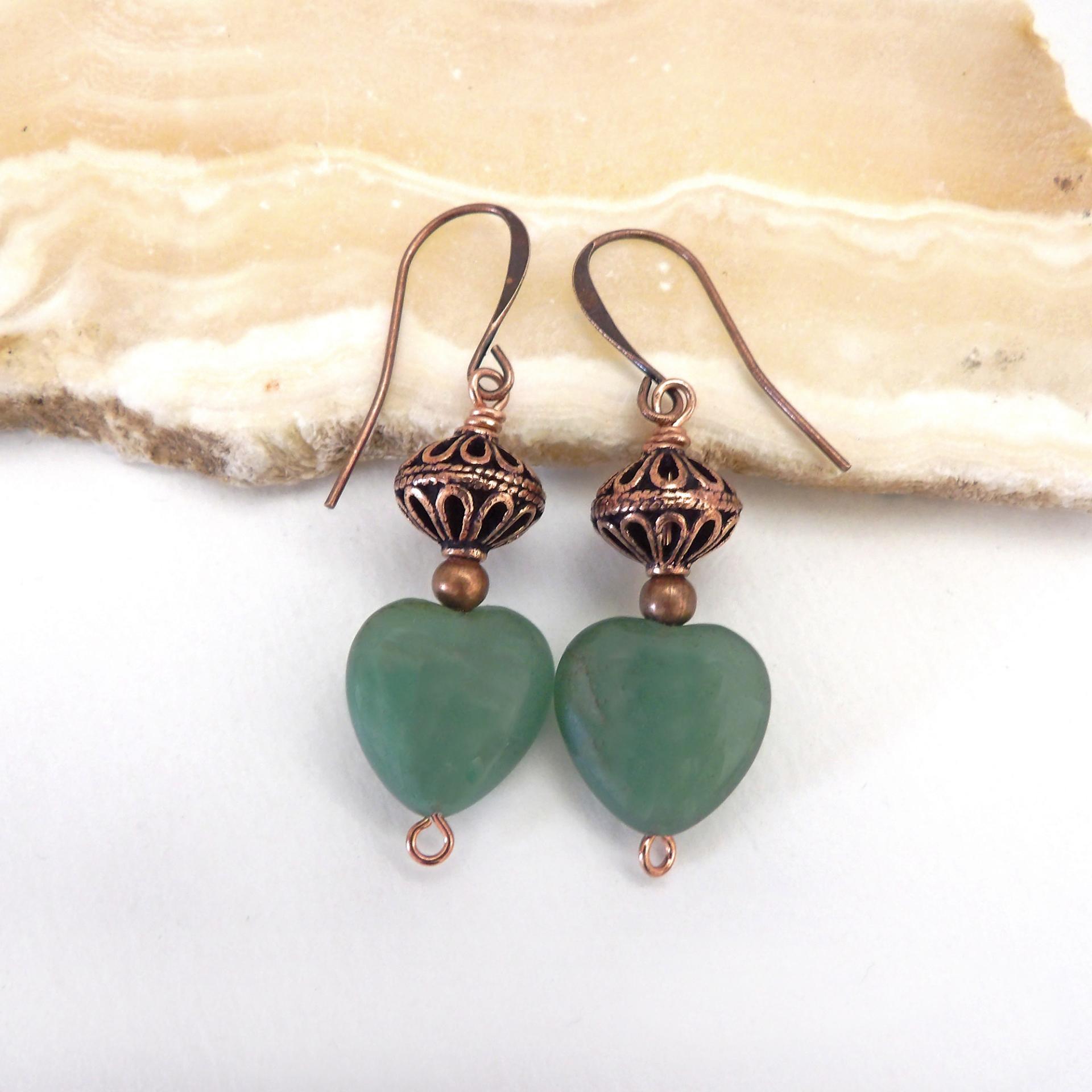 Small and petite, yet full of dainty romantic charm - these handmade earrings feature green aventurine gemstones accented with solid copper filigree beads and tiny copper beads. They'll make the perfect gift for someone special - a wonderful way to say "I love you" on Valentine's Day or any day! Makes a great gift for couples celebrating their 7th wedding anniversary - copper is the traditional choice for this occasion. Earrings are lightweight and comfortable to wear. Handmade in the USA by Desert Earth Je