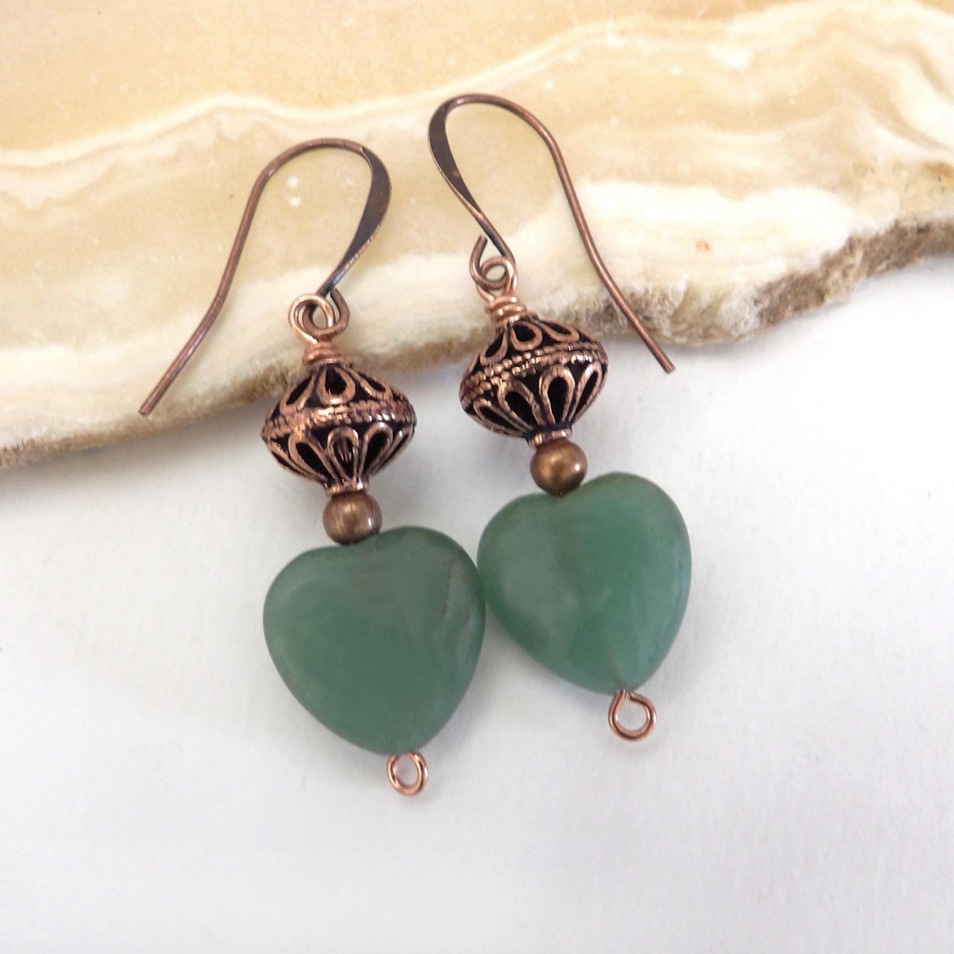 Small and petite, yet full of dainty romantic charm - these handmade earrings feature green aventurine gemstones accented with solid copper filigree beads and tiny copper beads. They'll make the perfect gift for someone special - a wonderful way to say "I love you" on Valentine's Day or any day! Makes a great gift for couples celebrating their 7th wedding anniversary - copper is the traditional choice for this occasion. Earrings are lightweight and comfortable to wear. Handmade in the USA by Desert Earth Je