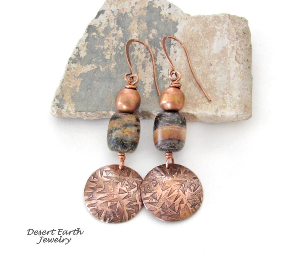 Round Copper Dangle Earrings with Brown Black Jasper Stones & Copper Beads - Handmade Modern Boho Style Jewelry