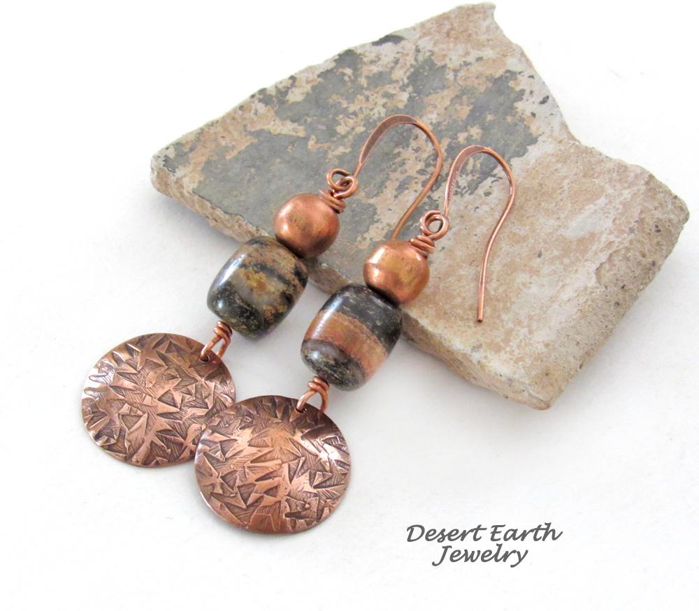 Round Copper Dangle Earrings with Brown Black Jasper Stones & Copper Beads - Handmade Modern Boho Style Jewelry